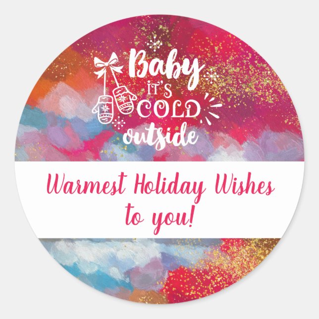 Red Sparkle Abstract Art It's Cold Outside Classic Round Sticker (Front)