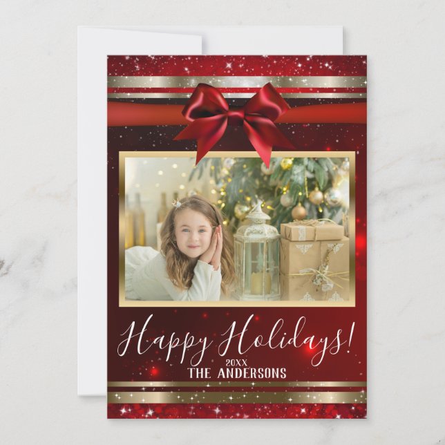 Red Sparkle Chic Bow Glam Holiday Photo Card (Front)