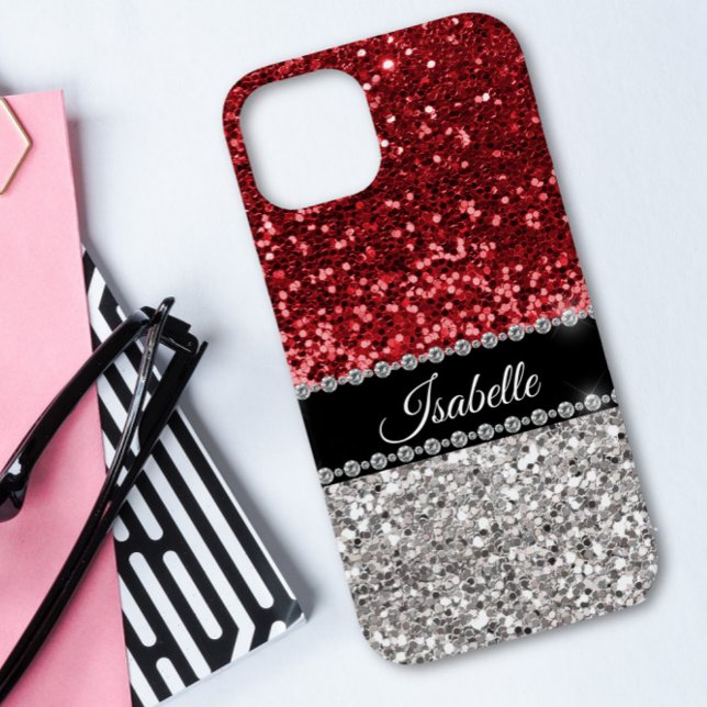Red Sparkle Faux Glitter Bling Personalized Case-Mate iPhone Case (Creator Uploaded)