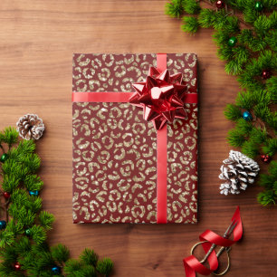 Red Sparkle Glitter Gold Leopard Print Wrapping Paper