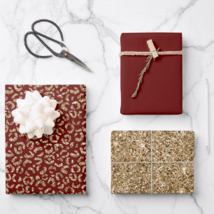Red Sparkle Glitter Gold Leopard Print Wrapping Paper Sheet