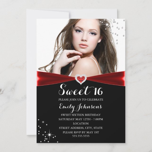 Red Sparkle Heart Sweet 16 Birthday Invitation (Front)