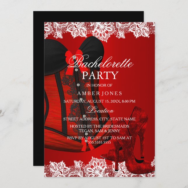 Red Sparkle Heels & Lace Corset Bachelorette Party Invitation (Front/Back)