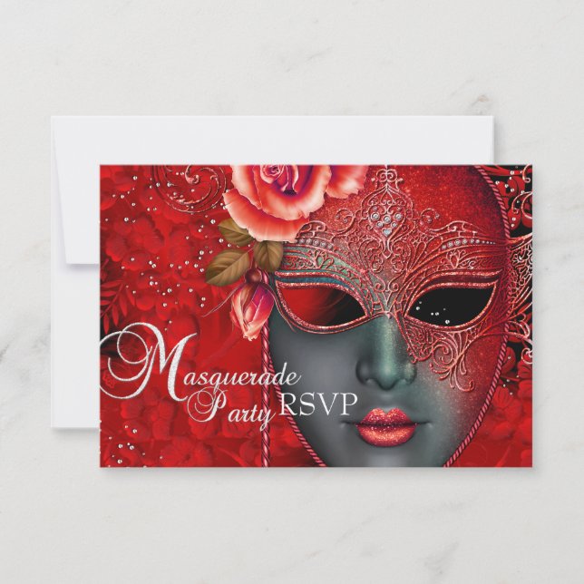 Red Sparkle Mask Masquerade Party RSVP Invitation (Front)