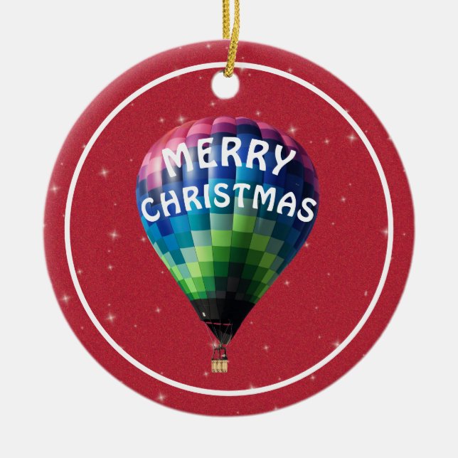 Red Sparkle Merry Christmas Hot Air Balloon Ceramic Tree Decoration (Front)