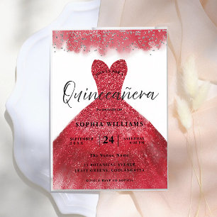 Red Sparkle Quinceanera Gown 15th Birthday Invitation