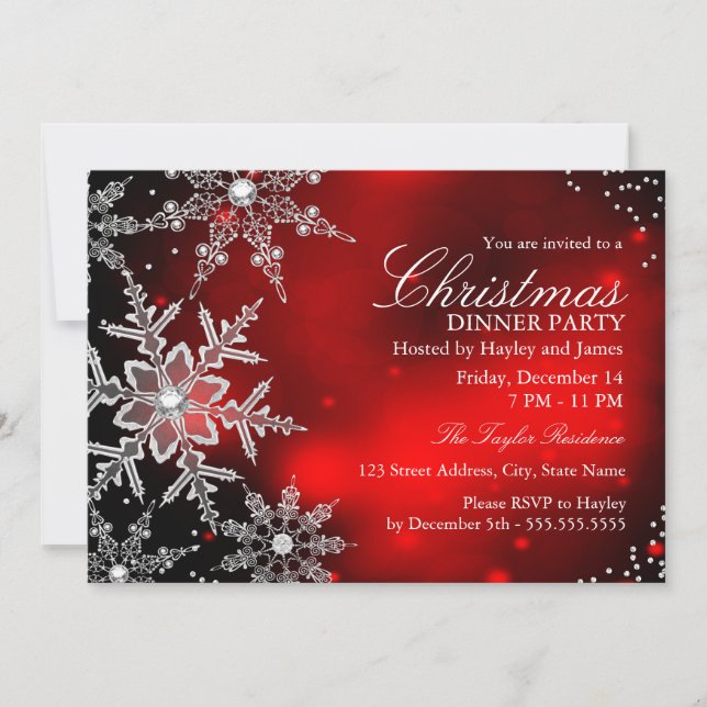 Red Sparkle Snowflake Christmas Dinner Party Invitation (Front)