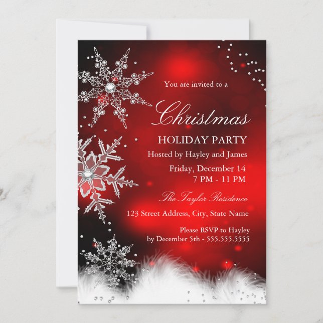 Red Sparkle Snowflake Christmas Holiday Party Invitation (Front)