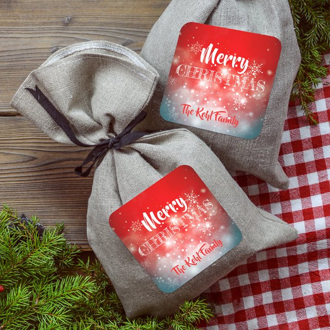 Red Sparkle Snowflake Merry Christmas Square Sticker (Creator Uploaded)