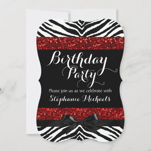Red Sparkle Zebra Girl's Birthday Invitation (Front)