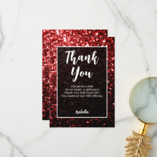 Red sparkles Sweet 16 elegant script Thank You Card