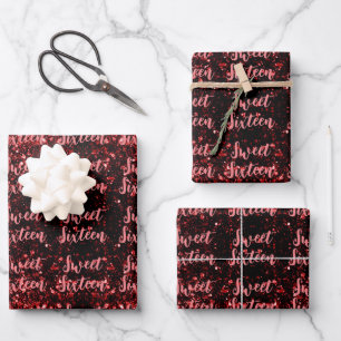 Red sparkles Sweet 16 script pattern Wrapping Paper Sheet