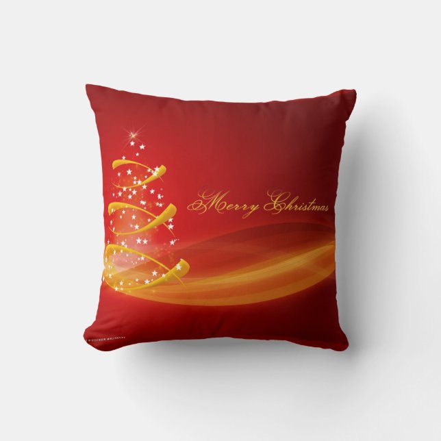 Red Sparkling Golden Christmas Tree Cushion (Front)