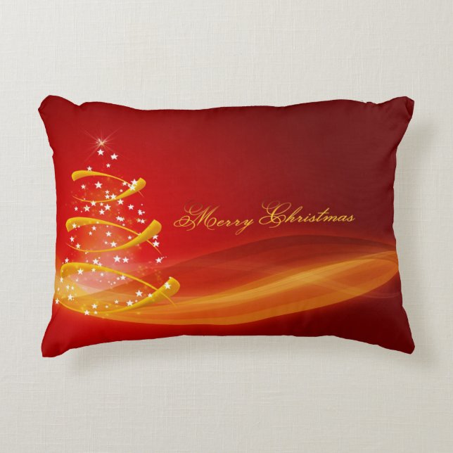 Red Sparkling Golden Christmas Tree Decorative Cushion (Front)