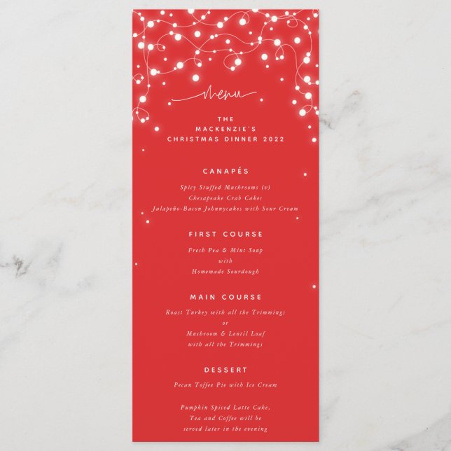Red Sparkling Lights Christmas Flat 4 Course Menu (Front)
