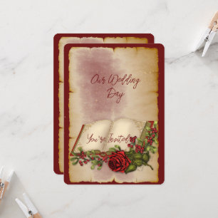 Red Sparkling Roses On Gold Colour Bible Pages Invitation