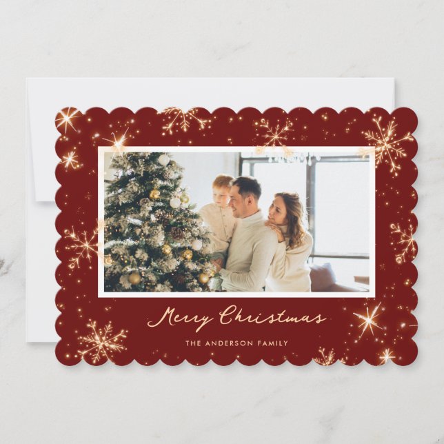 Red Sparkling Snowflake Photo Merry Christmas Card (Front)