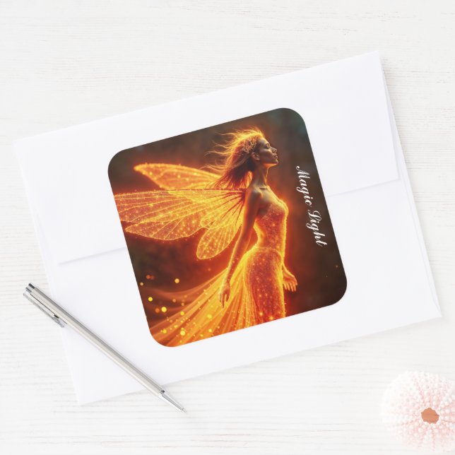 Red sparkly fiery fairy girl fantasy glitter magic square sticker (Envelope)