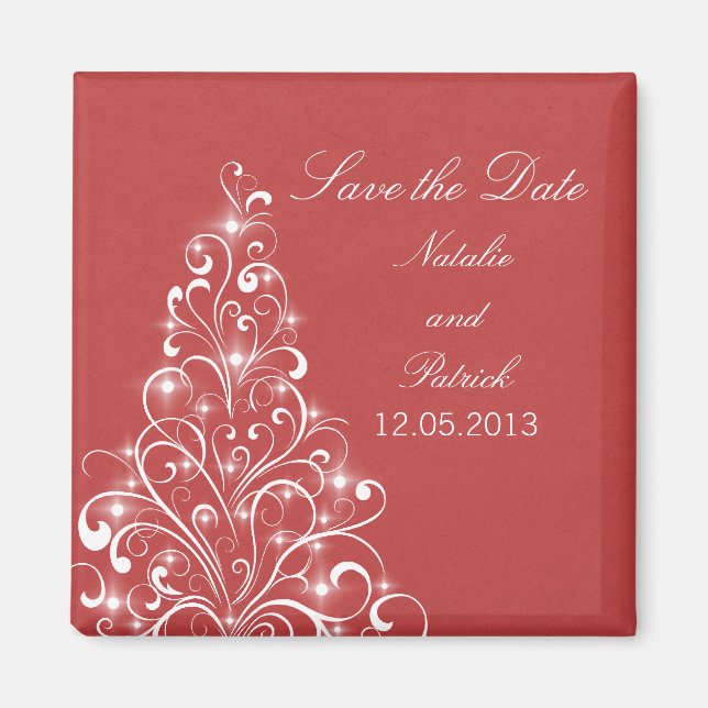 Red Sparkly Holiday Tree Save the Date Magnet (Front)