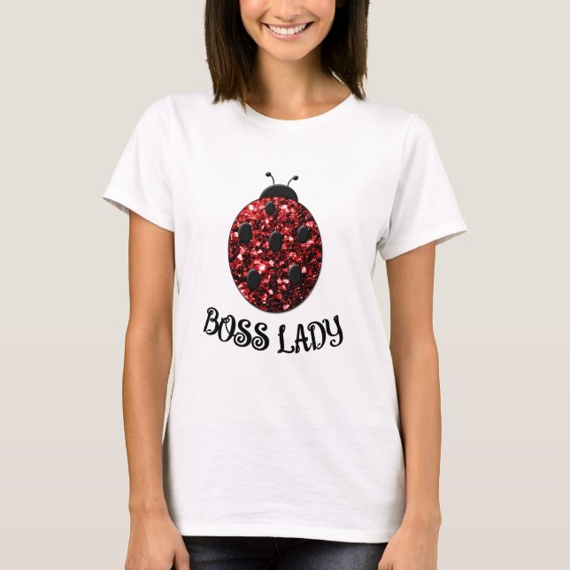 Red sparkly Ladybug BOSS LADY Personalise T-Shirt (Front)