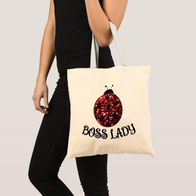 Red sparkly Ladybug BOSS LADY Personalise Tote Bag (Front (Product))