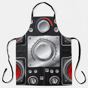 Red speakers with amplifier and control knobs apron