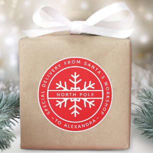 Red Special Delivery from Santa to Name North Pole Classic Round Sticker