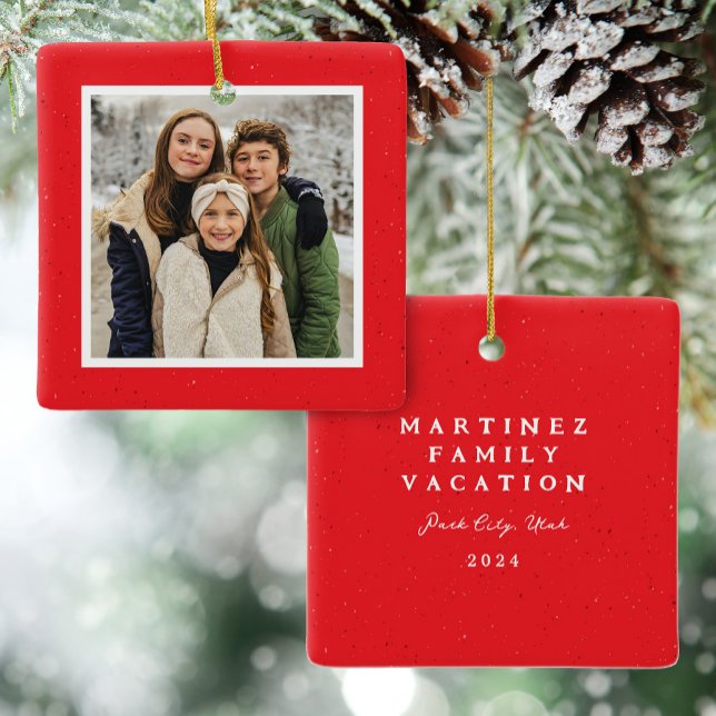 Red speckle frame simple Christmas photo Ceramic Ornament (Creator Uploaded)
