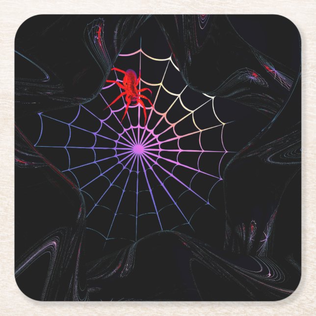 Red Spider In A Glowing Web Square Paper Coaster (Front)