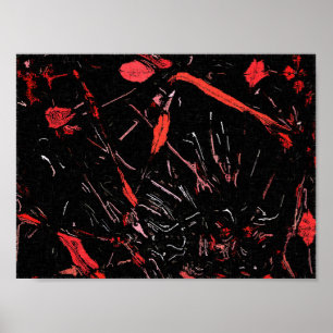 Red splashes, abstract art, paint on black canvas poster