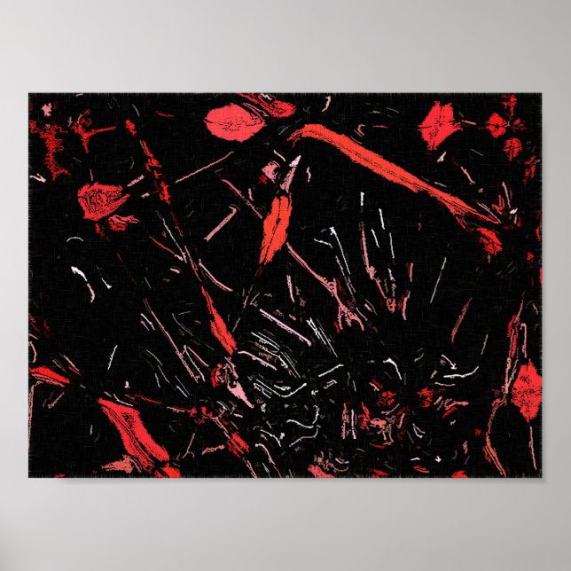 Red splashes, abstract art, paint on black canvas poster (Front)