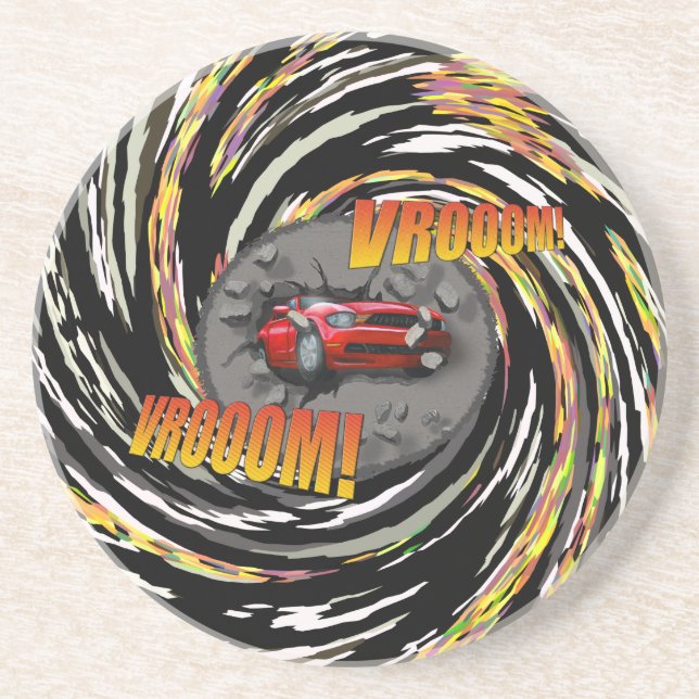 Red Sports Car Crashing through Wall Coaster (Front)