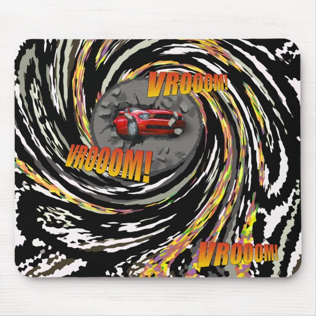 Red Sports Car Crashing through Wall Mouse Pad (Front)