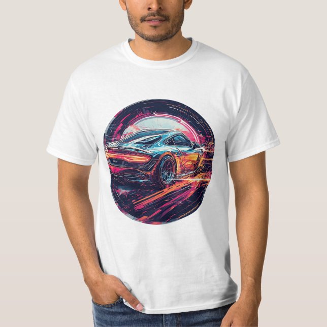 Red Sports Car in Modern Surreal Artistic Tunnel T-Shirt (Front)
