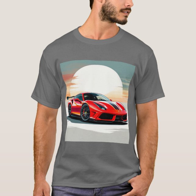 Red Sports Car in Vibrant Sunset T-Shirt (Front)