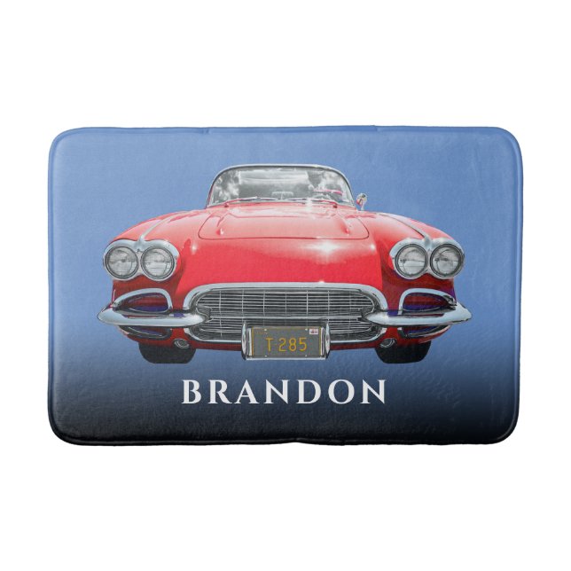 Red Sport's Car, Name, Black Gradient & Blue Bath Mat (Front)