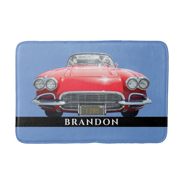 Red Sport's Car, Personalise Name Bath Mat (Front)