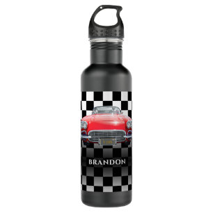 Red Sport's Car, White Name, B/W Chequered 710 Ml Water Bottle