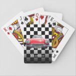Red Sport's Car, White Name, B/W Chequered Playing Cards<br><div class="desc">Personalise name in white with red sport's car on black and white chequered background.</div>