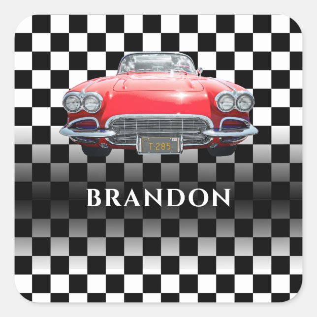 Red Sport's Car, White Name, B/W Chequered Square Sticker (Front)