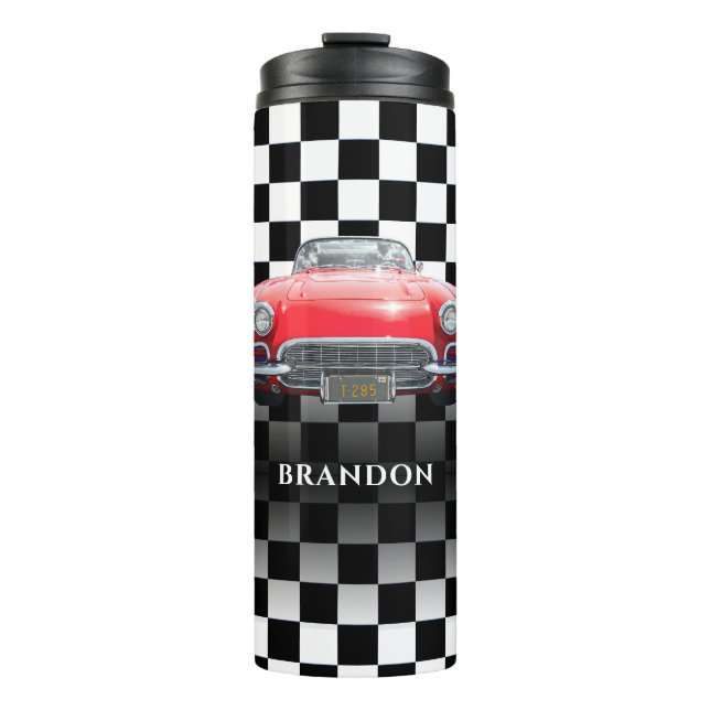 Red Sport's Car, White Name, B/W Chequered Thermal Tumbler (Front)