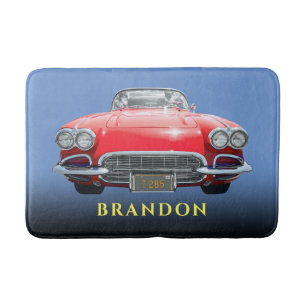 Red Sport's Car Yellow Name, Black Gradient & Blue Bath Mat