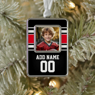 Red Sports Jersey with Photo, Name and Number Silver Plated Framed Ornament