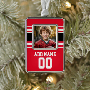 Red Sports Jersey with Photo, Name and Number Silver Plated Framed Ornament
