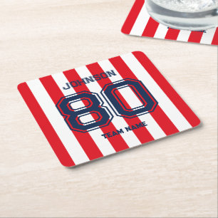 Red Sports Team Custom Name Number Team Gameday Square Paper Coaster
