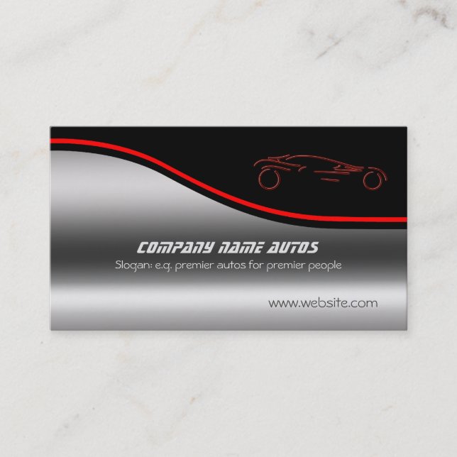 Red Sportscar on steel-effect, Car sales showroom Business Card (Front)