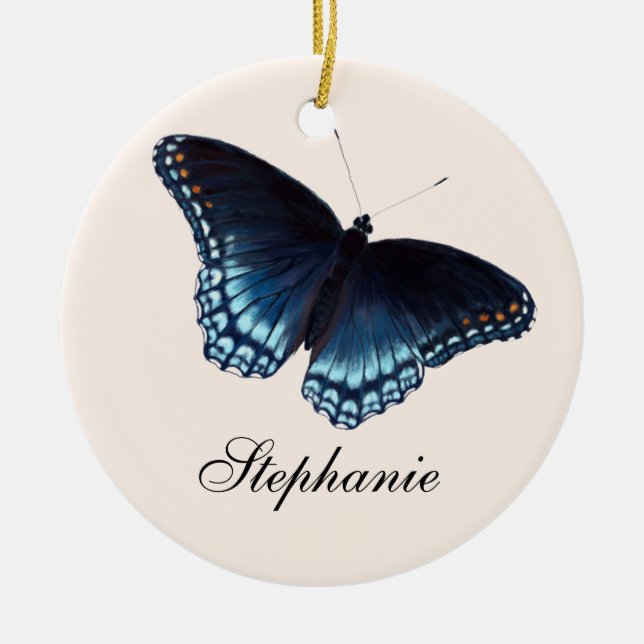 Red-Spotted Admiral Dark Blue Butterfly Painting Ceramic Tree Decoration (Front)