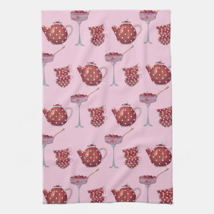 Red Spotty Tea Set and Strawberries Pink Pattern Tea Towel