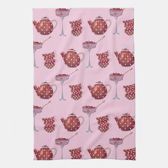Red Spotty Tea Set and Strawberries Pink Pattern Tea Towel (Vertical)