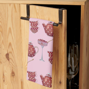 Red Spotty Tea Set and Strawberries Pink Pattern Towel